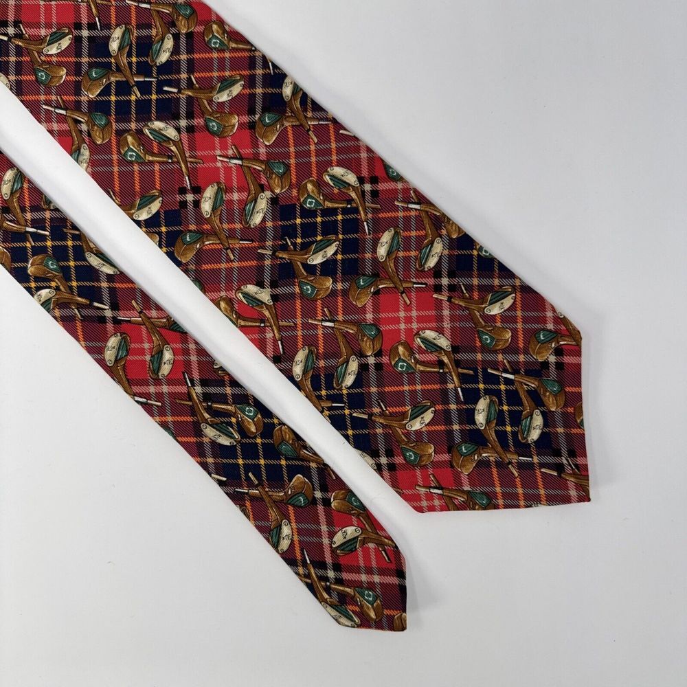 VTG Huntington Necktie‎ 100% Silk Golf Club Red Blue Plaid USA Made 3.75" x 56"